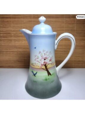 Antique Nippon Lidded Chocolate Pot Hand Painted Birds Porcelain Crown Mark